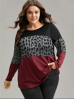BloomChic Colorblock Leopard Print Long Sleeve Tee size 1X (14-16)